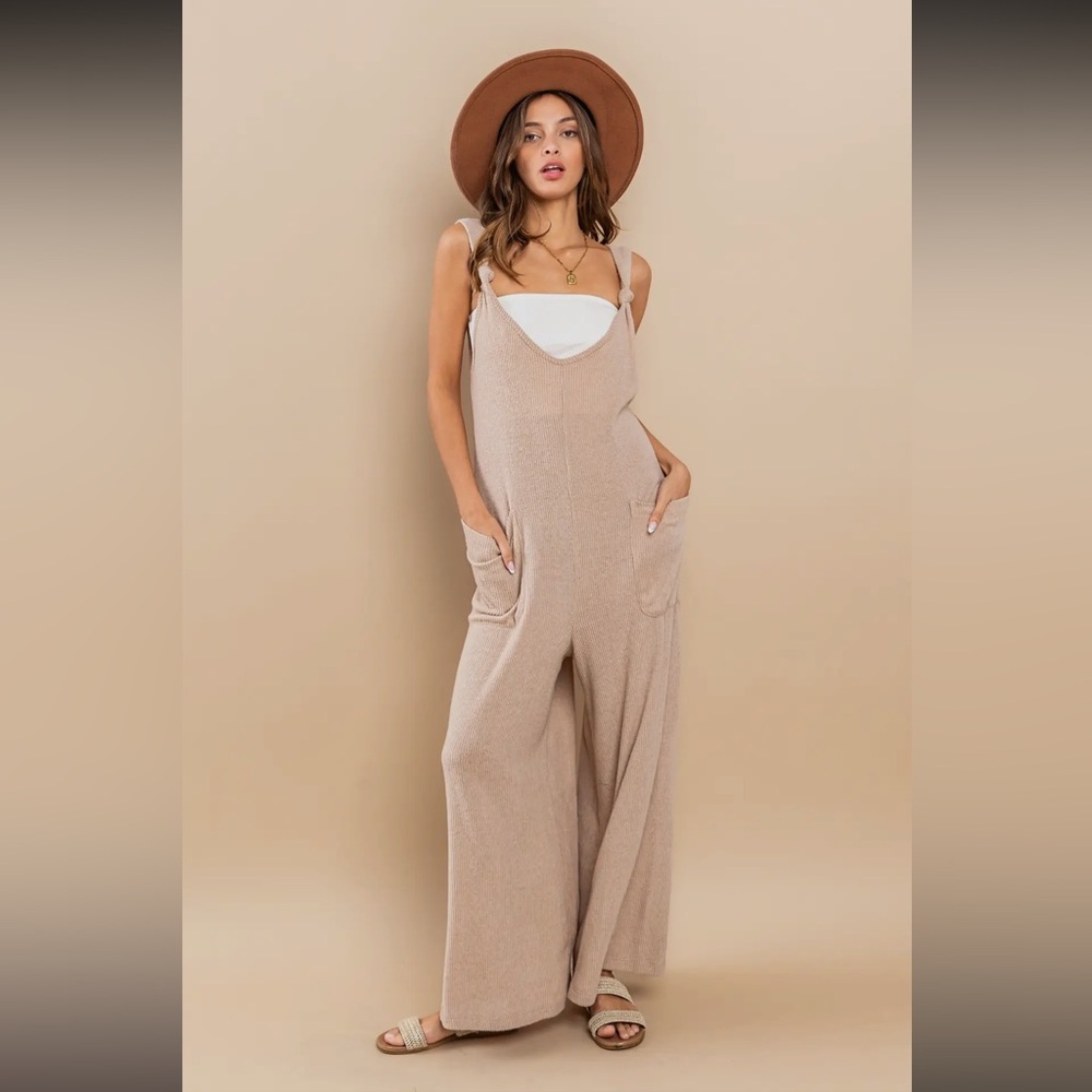 Brushed Ribbed Knit Knot Strap Wide Leg Jumpsuit - Picture 2 of 5